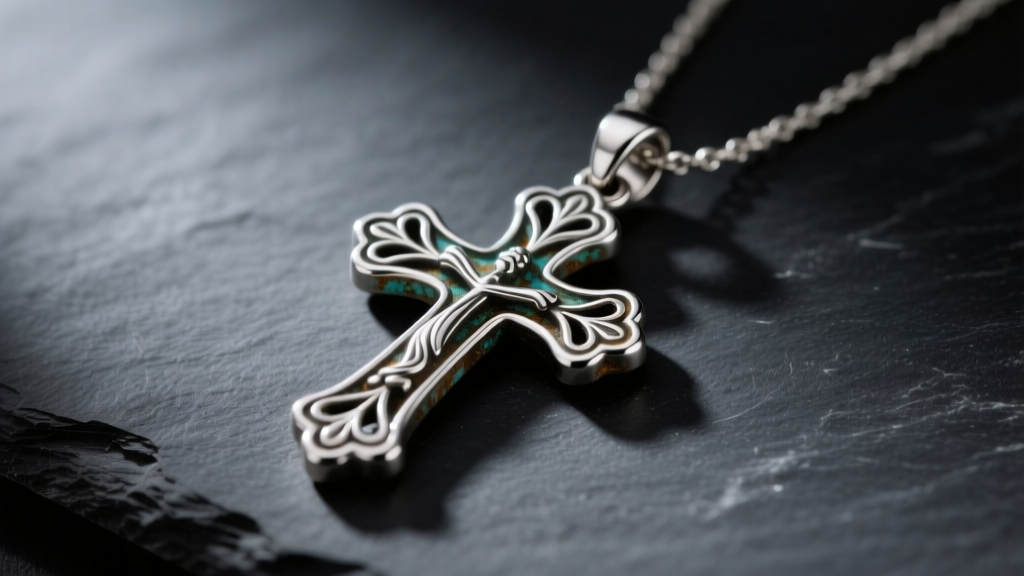 Close-up of an oxidized sterling silver James Avery cross pendant resting on a dark slate surface under soft directional lighting