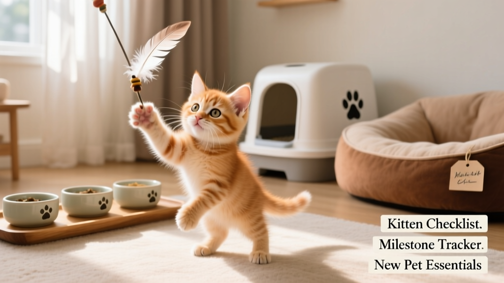 A playful 8-week-old kitten batting at a toy near a tidy setup of food bowls, a litter box, and a cozy bed