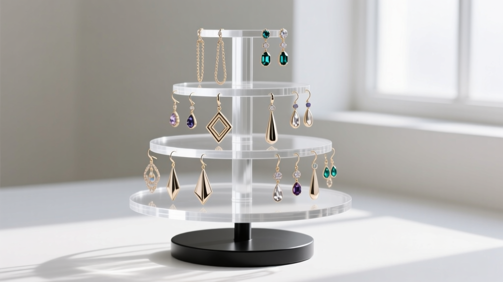 Tiered clear acrylic earring display tower with weighted matte black metal base, showcasing various dangle and drop earrings neatly.