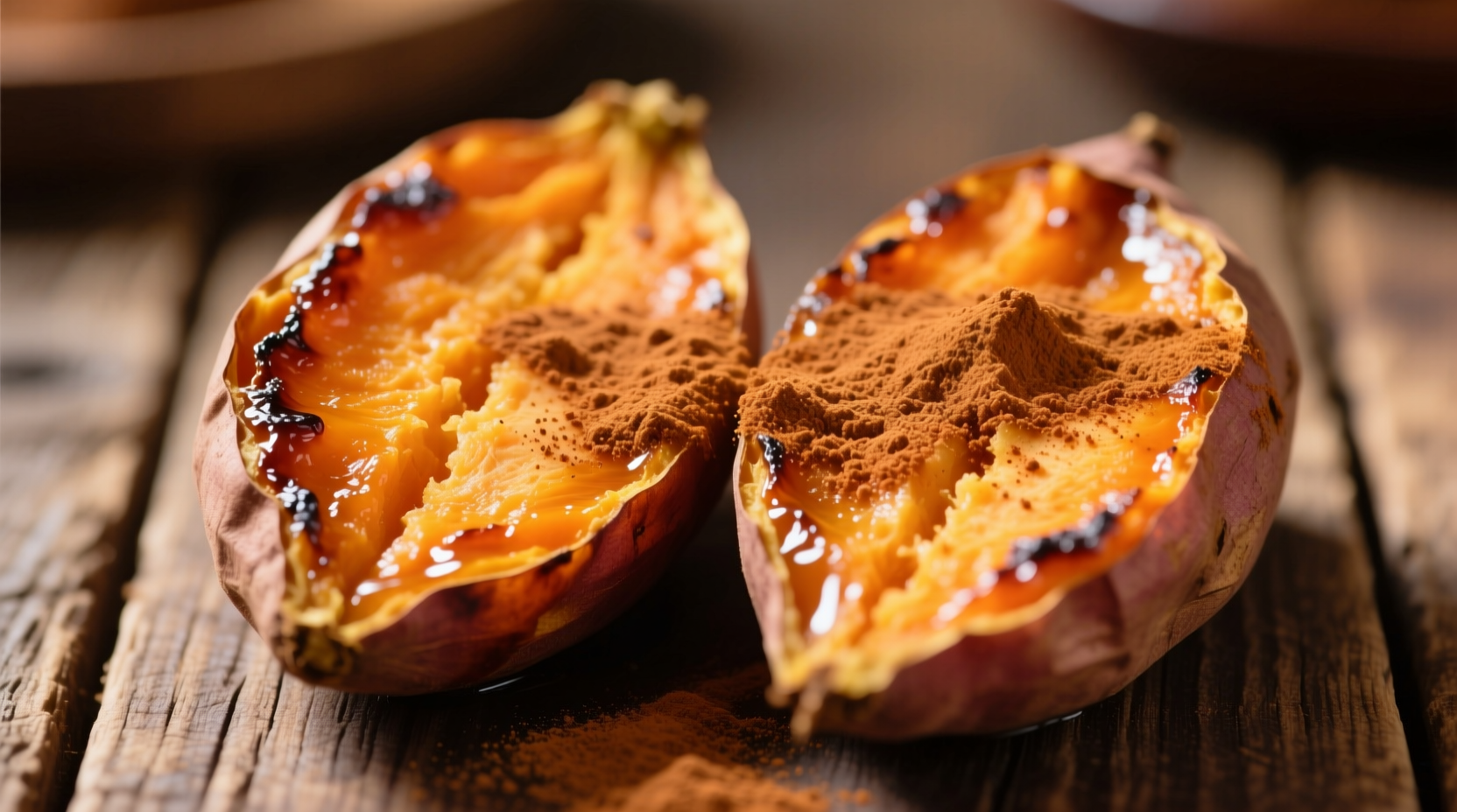 Perfectly roasted sweet potato halves with cinnamon sprinkle