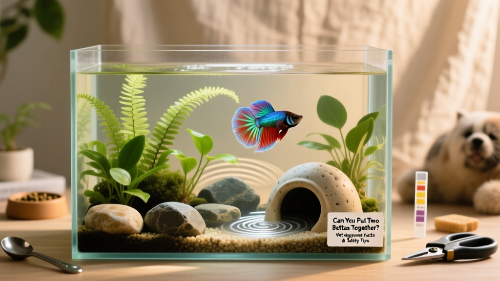 A serene, well-maintained 10-gallon betta tank featuring live plants, smooth rocks, a ceramic cave, and gentle filtration