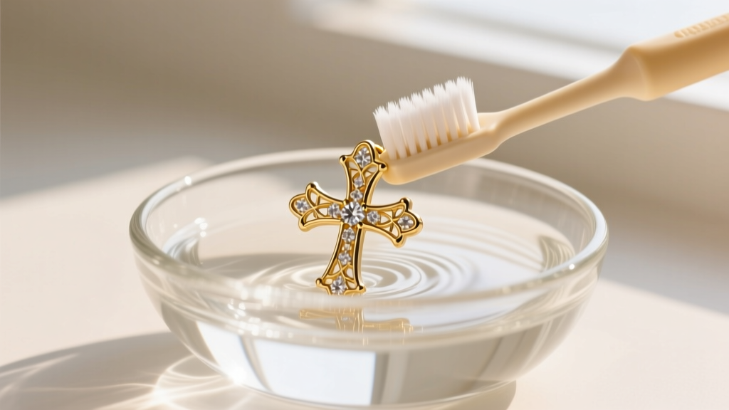 Soft baby toothbrush gently cleaning a gold-tone designer cross earring in a small glass bowl of mild soapy distilled water