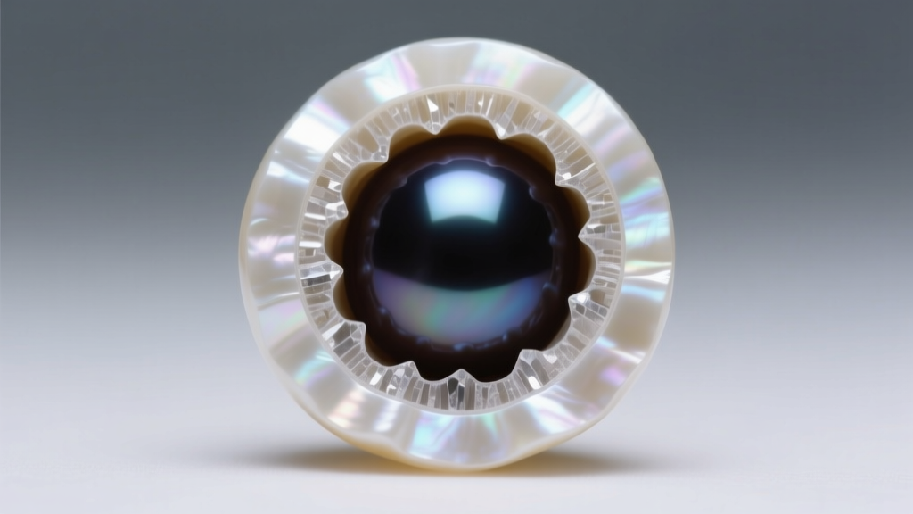 Macro photo of a cultured pearl cross-section showing the dark conchiolin core and thick white aragonite nacre layers