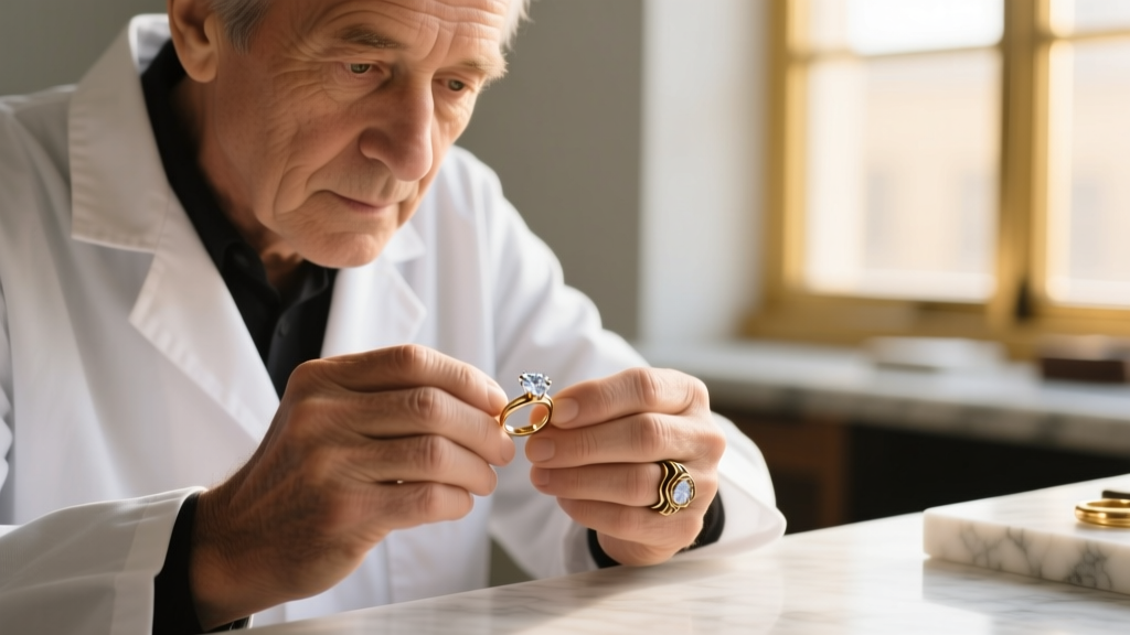 Close-up of a jeweler's hands using tweezers to place a hexagonal rose-cut diamond into a custom 18k yellow gold bezel setting.