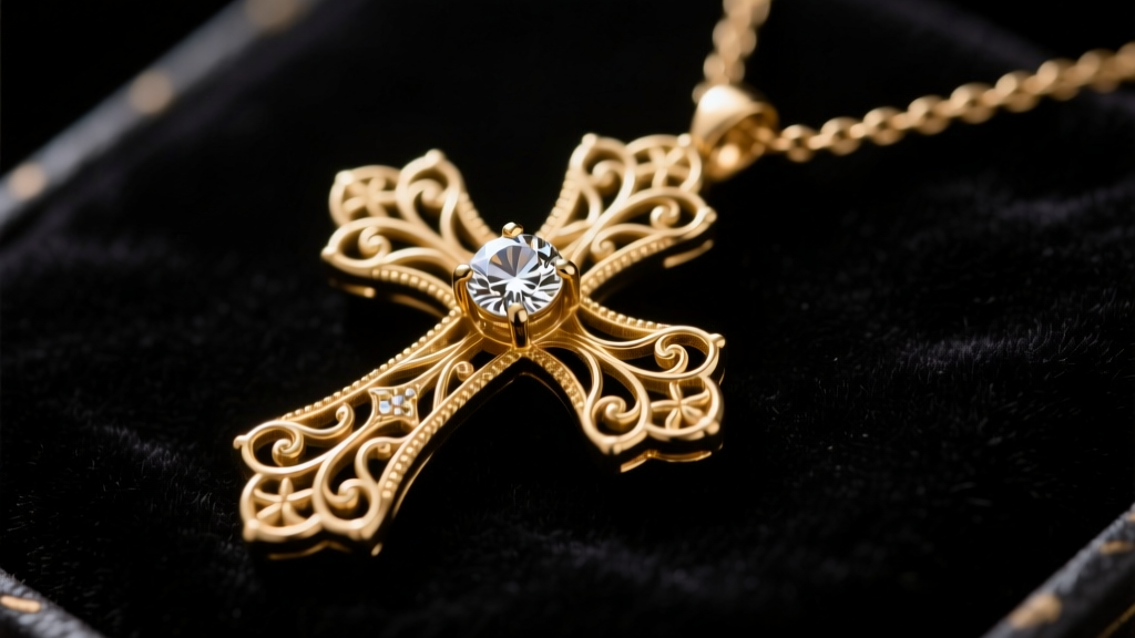 Close-up of a Victorian antique gold cross necklace on dark velvet, highlighting intricate filigree and a central rose-cut diamond.
