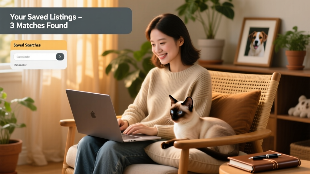 A friendly pet sitter reviewing house sit opportunities on a laptop while sitting beside a calm cat