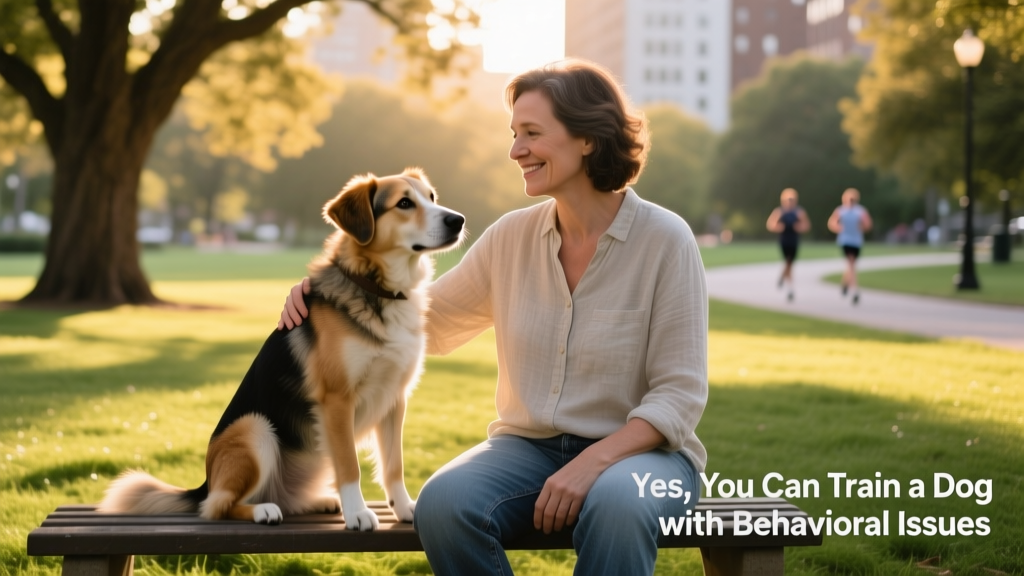 A calm, confident dog sitting beside their owner on a grassy park bench, both looking relaxed and connected