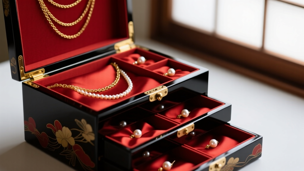 Open multi-tiered vintage Japanese lacquer box revealing red silk compartments filled with gold chains and loose pearl earrings