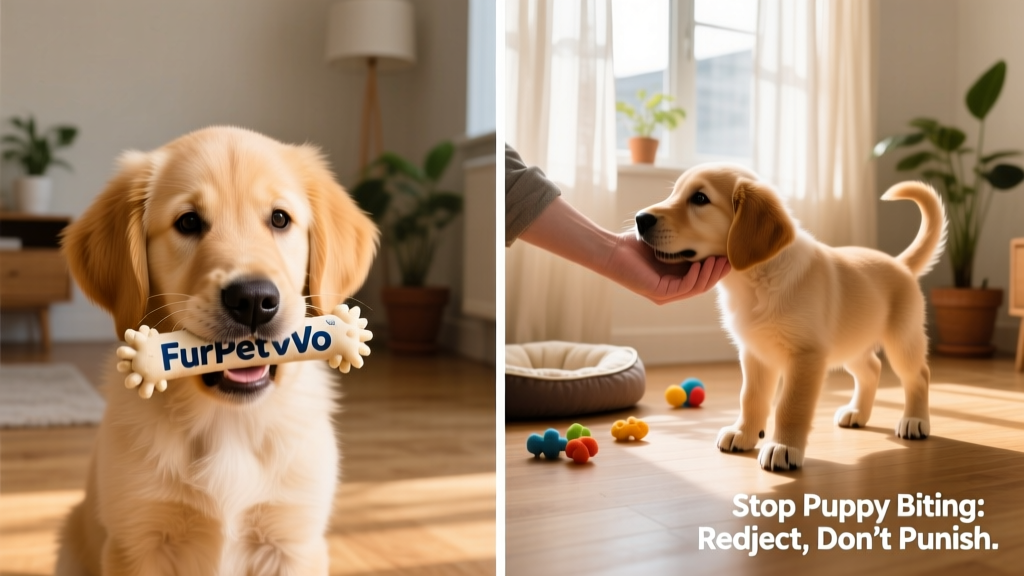 Side-by-side comparison: puppy gently holding FurPetVo chew toy vs. puppy playfully nuzzling owner's hand