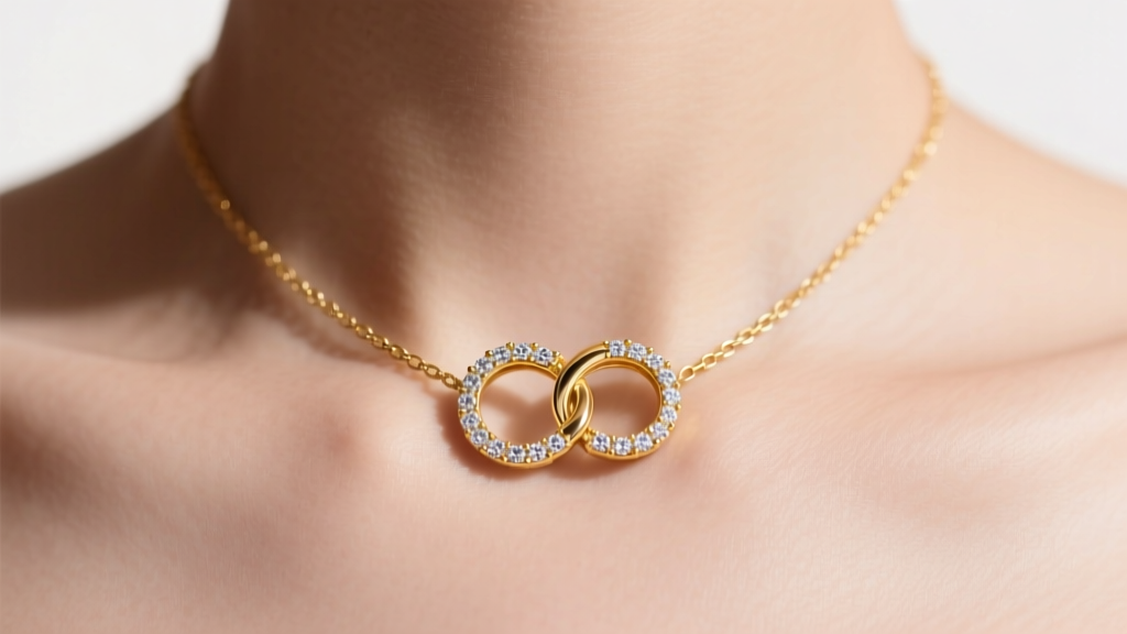 Close-up of a 14k yellow gold forever love necklace with two interlocking diamond circles resting gracefully on a bare collarbone.