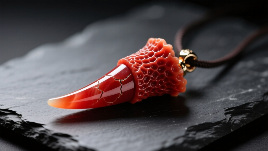 Close-up of a genuine red coral Italian horn pendant on dark slate, showing organic texture and polished tip under warm lighting