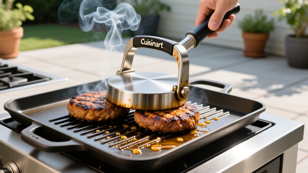 Cuisinart cast iron grill press searing smash burgers on a flat top griddle with smoke rising in an outdoor patio setting