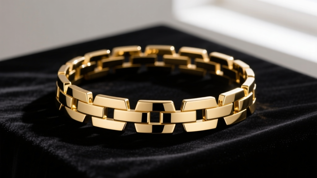 Gold omega choker necklace on dark velvet, showing seamless interlocking metal plates and a smooth, highly reflective surface.
