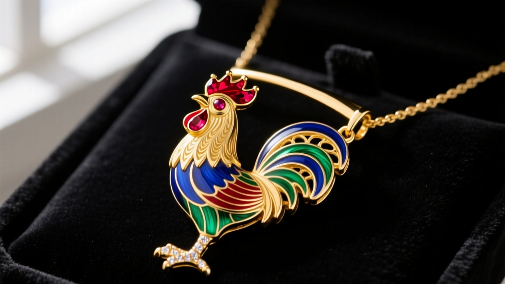 A highly detailed 18k yellow gold and guilloché enamel cock necklace pendant featuring a ruby comb, resting on dark velvet