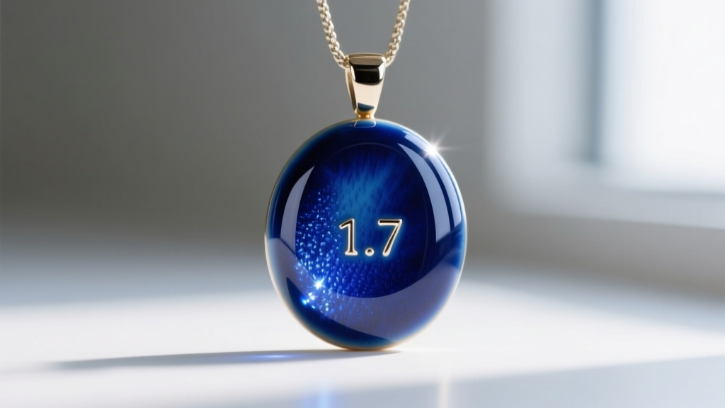 Macro shot of a kiln-fired vitreous enamel birthdate pendant, highlighting the glass-like smooth finish and deep cobalt blue hue.