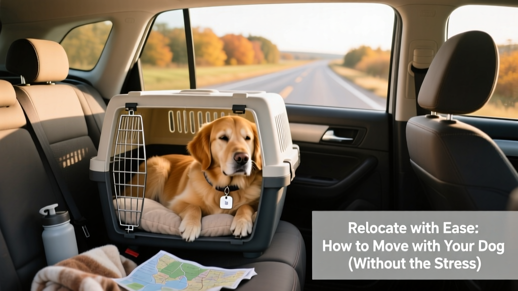 A dog safely secured in a well-ventilated travel crate inside a moving vehicle