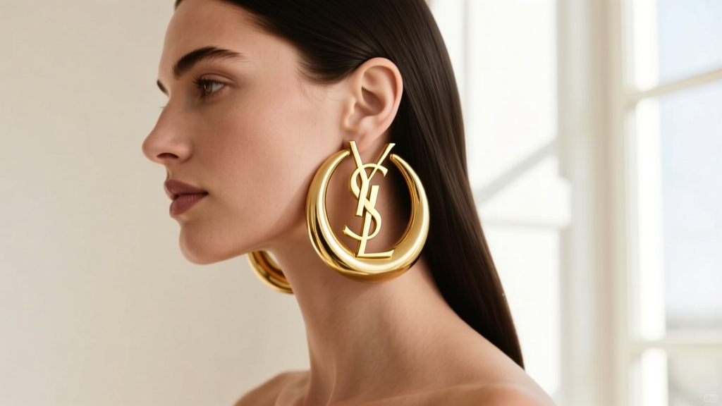 Side profile of a woman wearing large YSL gold hardware hoop earrings, demonstrating how the weight pulls slightly on the earlobe