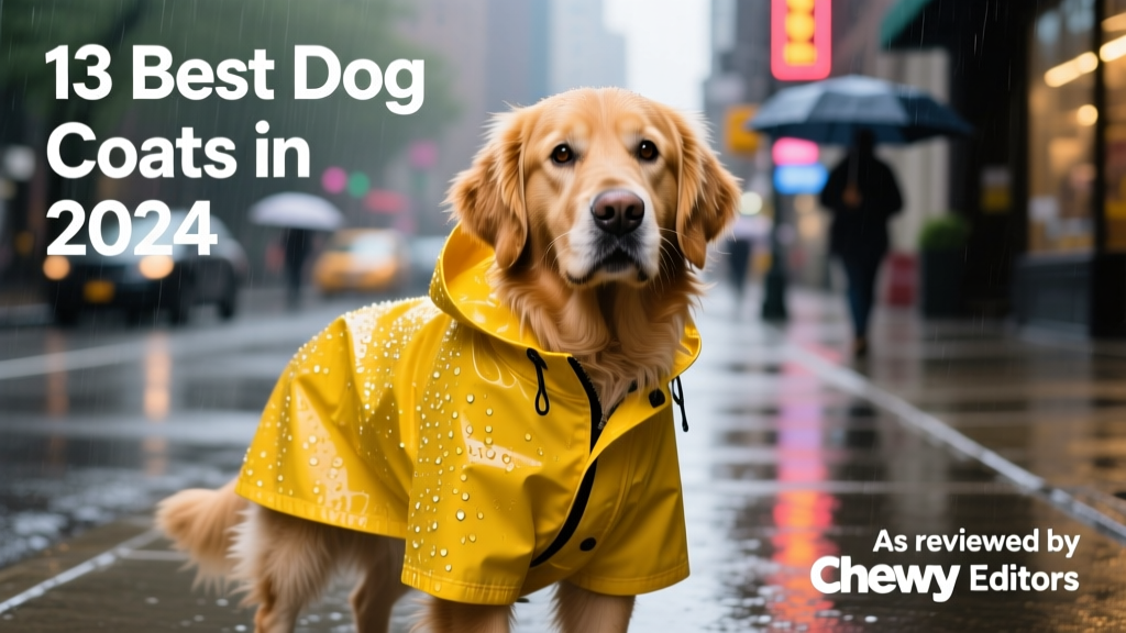 Close-up of a dog wearing a vibrant yellow raincoat, standing confidently on a wet sidewalk with raindrops visible on the fabric