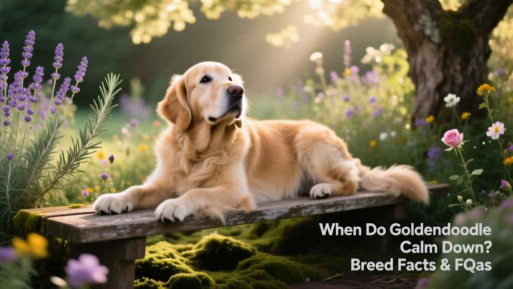 A serene senior Goldendoodle resting under dappled shade in a garden, looking relaxed and content