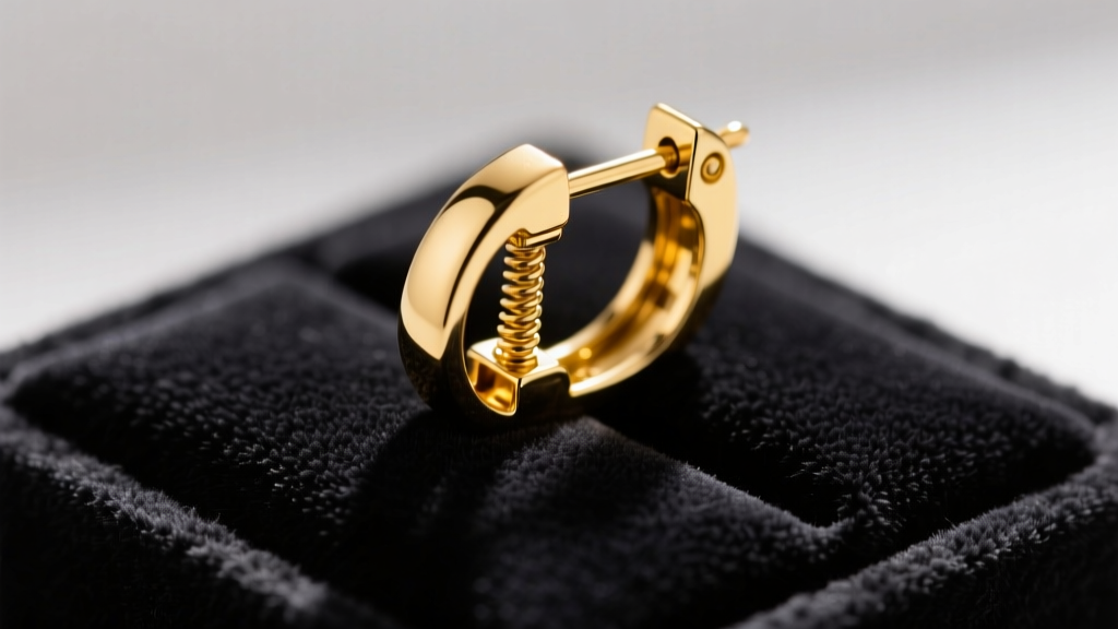 Macro shot of an 18k yellow gold leverback earring clasp mechanism partially open, resting on a dark velvet jewelry display pad