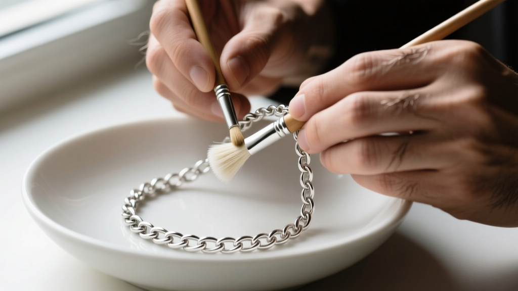 Jeweler hands using a soft bristle brush to gently clean the crevices of a sterling silver bar link necklace in a ceramic bowl
