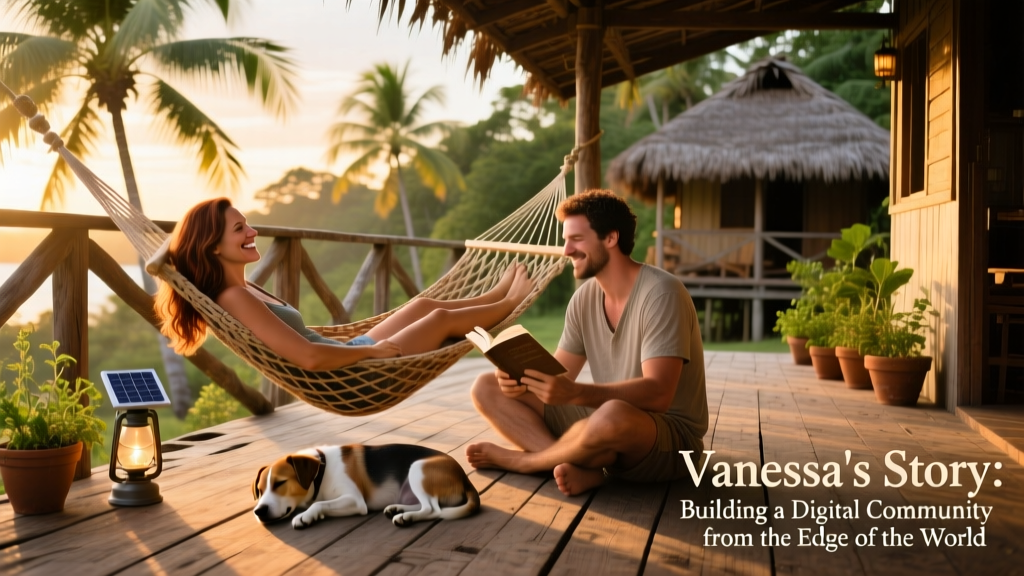 Vanessa and Ian relaxing on their off-grid island home in Panama, with palm trees and a rustic wooden deck visible