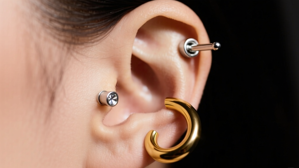 Macro photo of a curated ear with 18-gauge threadless cartilage studs and a thick 14-gauge gold lobe hoop in soft studio lighting