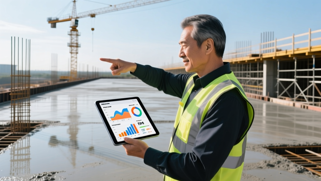 Structural engineer pointing at a digital tablet showing concrete mix design specs on an active commercial slab-on-grade pour site