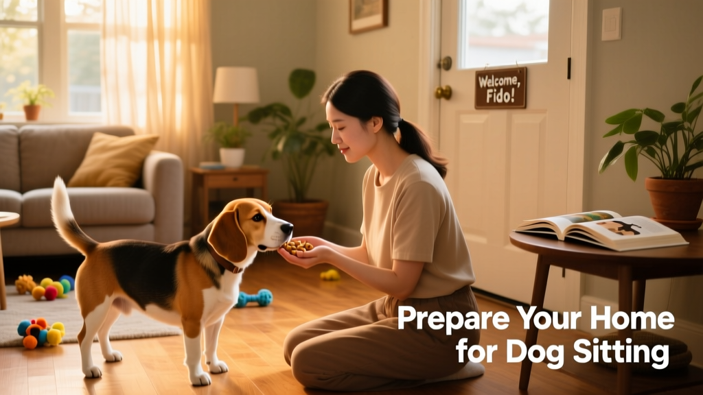 A pet sitter calmly feeding a friendly Beagle treats in a sunlit living room