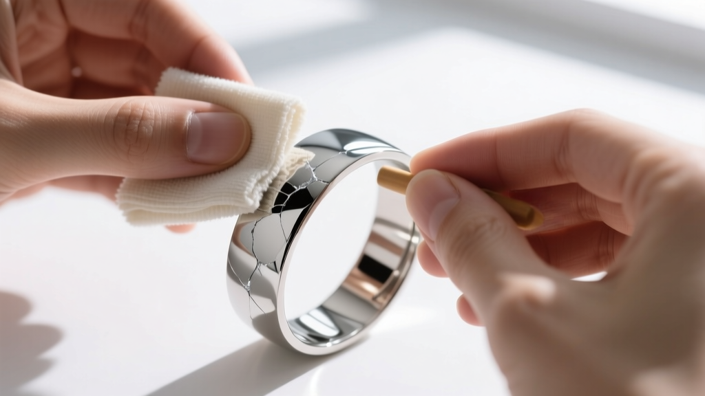 Hands using a microfiber cloth to buff a scratched stainless steel cuff bracelet, revealing a bright mirror finish on the metal.
