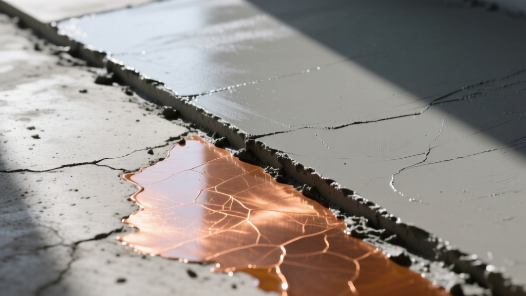 Close-up of a troweled concrete slab showing a sharp diagonal divide between translucent copper acid stain and opaque gray epoxy paint coating