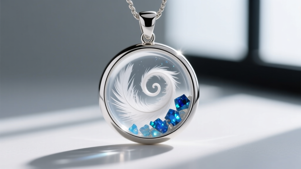 Macro shot of a sterling silver bezel pendant featuring a suspended swirl of white ashes and crushed blue opal in clear resin