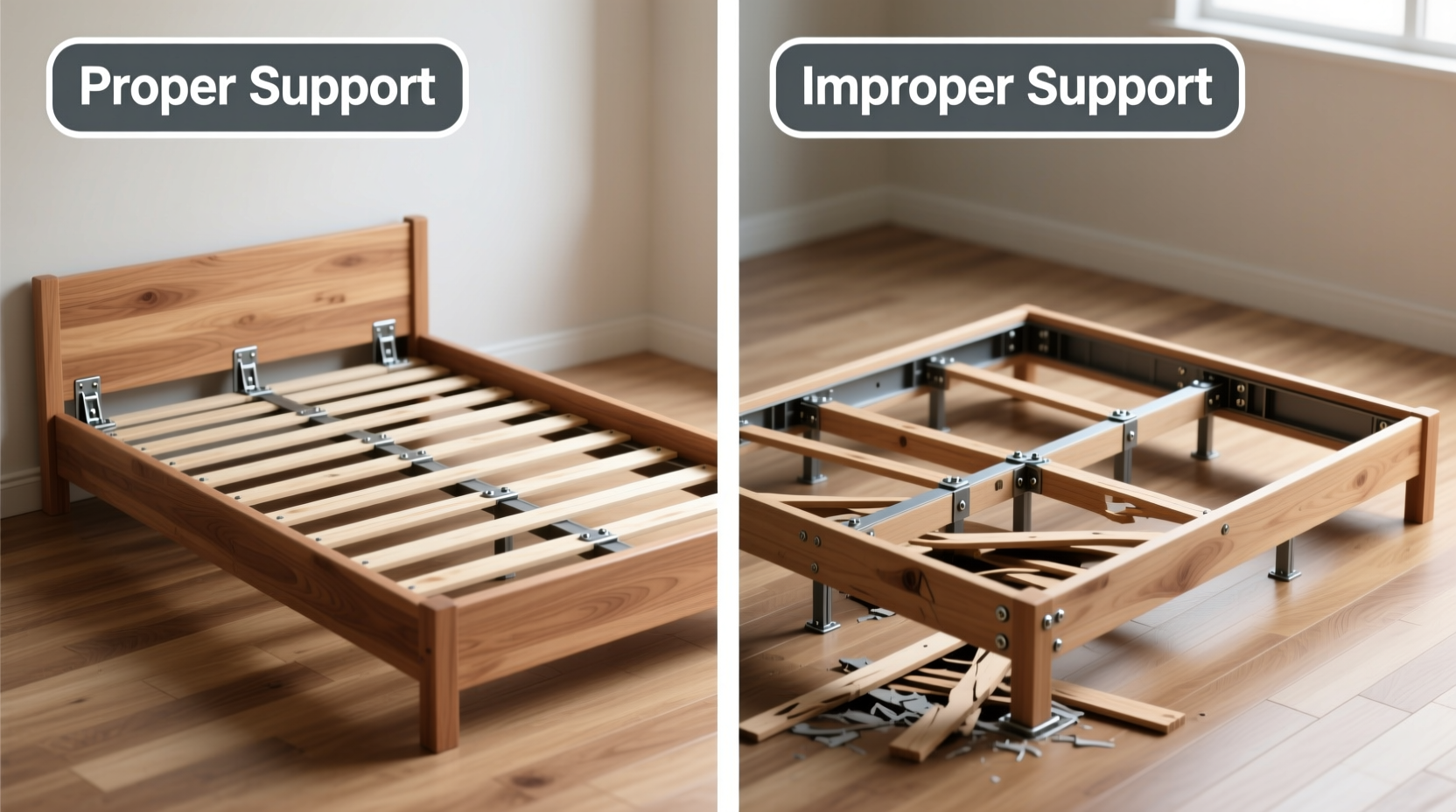 Comparison showing proper vs improper bed base support structures