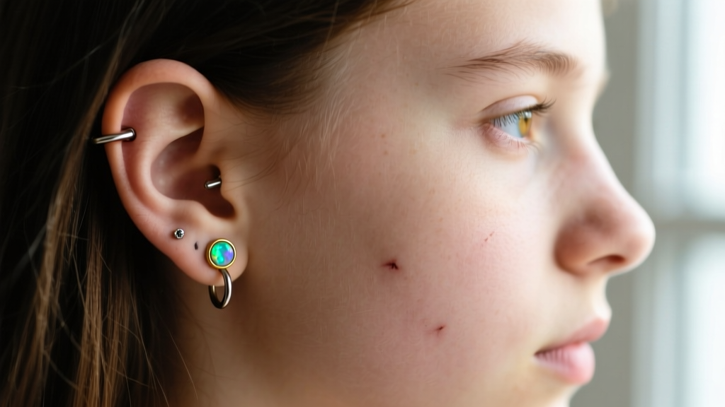 Profile view of a healed 16-gauge titanium helix piercing with a bezel-set opal, softly lit by natural light on a young teenager.