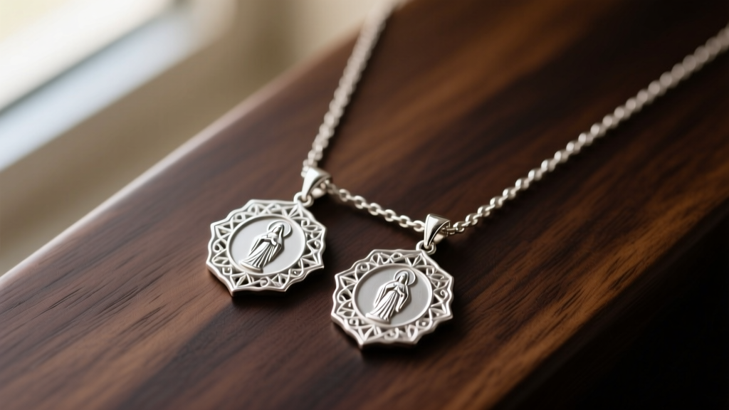 Close-up of 925 sterling silver scapular necklace resting on dark oak, featuring two intricately detailed 15mm devotional medals