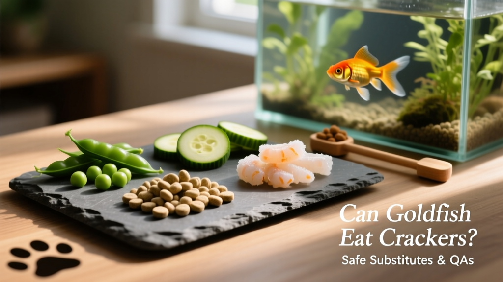 Assortment of safe goldfish foods: peas, zucchini slices, FurPetVo pellets, and frozen brine shrimp