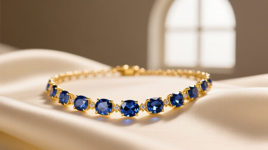 Elegant close-up of a 14k yellow gold sapphire station necklace resting on cream silk fabric, soft natural window lighting.