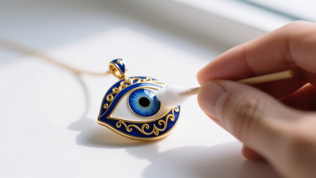 Hands gently wiping a champlevé enamel eye pendant with a damp cotton swab, highlighting the intricate gold detailing and blue iris.