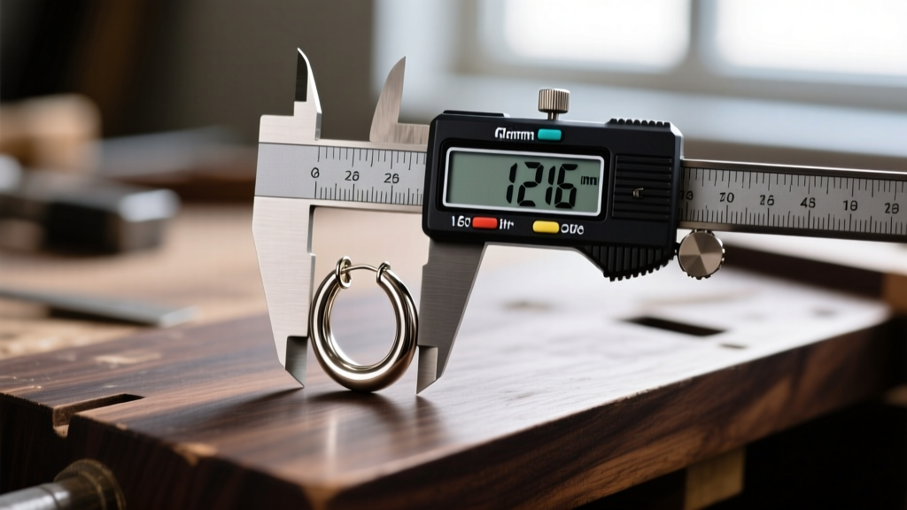 Digital caliper measuring the 1.2mm wire thickness of a 16-gauge steel hoop earring resting on a dark wooden workbench surface