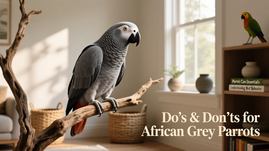 African grey parrot perched securely on a natural branch perch, wings relaxed and posture calm