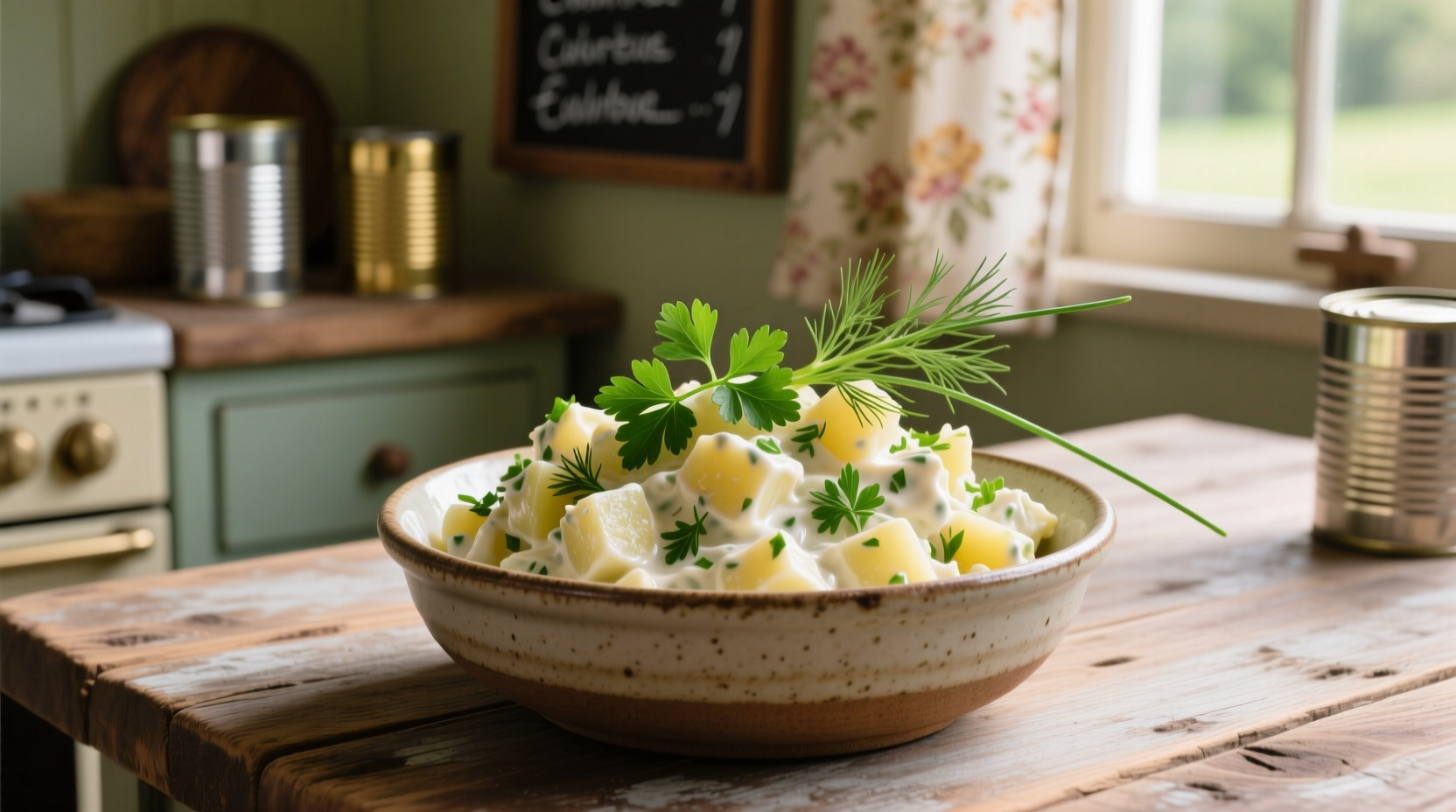 Canned potato salad with fresh herbs garnish