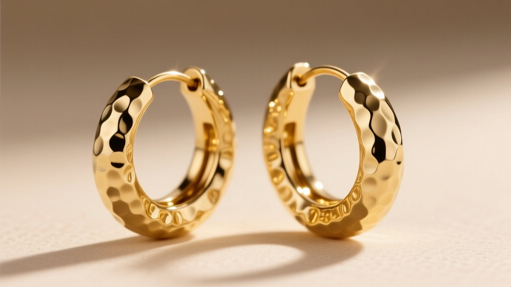 Close-up of 14k gold hammered hoop earrings catching warm sunlight, highlighting the dimpled texture against a soft beige backdrop