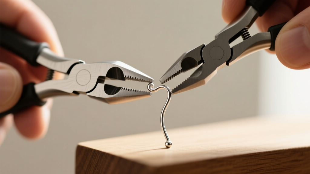 Nylon-jaw pliers straightening a bent 20-gauge sterling silver earring post on a jeweler's workbench under bright lighting