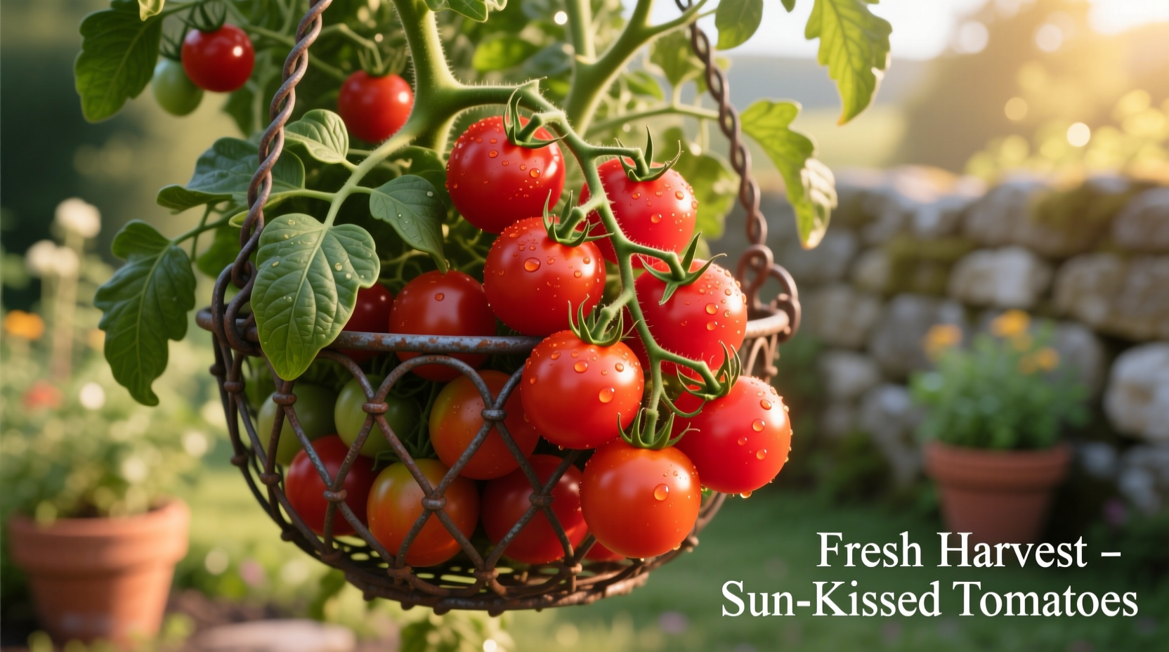 Cherry tomatoes growing in a hanging basket with vibrant red fruits