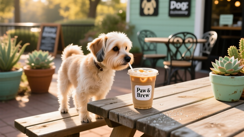 Small dog standing on a picnic bench, sniffing an iced coffee on a sunny outdoor patio