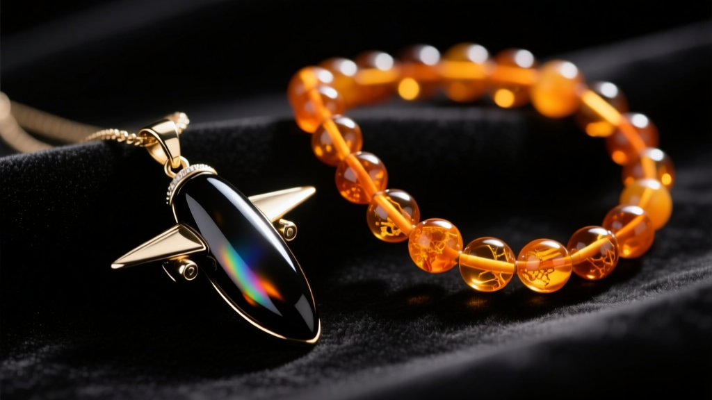 Close-up of a vintage jet and amber necklace on dark velvet, showing glossy black jet and translucent orange amber beads.