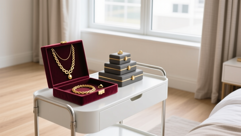 White IKEA RASKOG cart with velvet jewelry trays, gold necklaces, and stacked ring boxes in a bright modern bedroom setting.