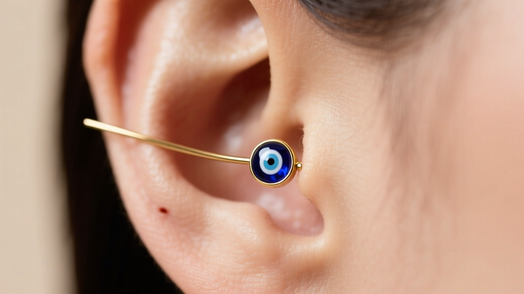 Delicate 20-gauge gold threader earring passing through a healed earlobe featuring a tiny sapphire Turkish eye slider bead