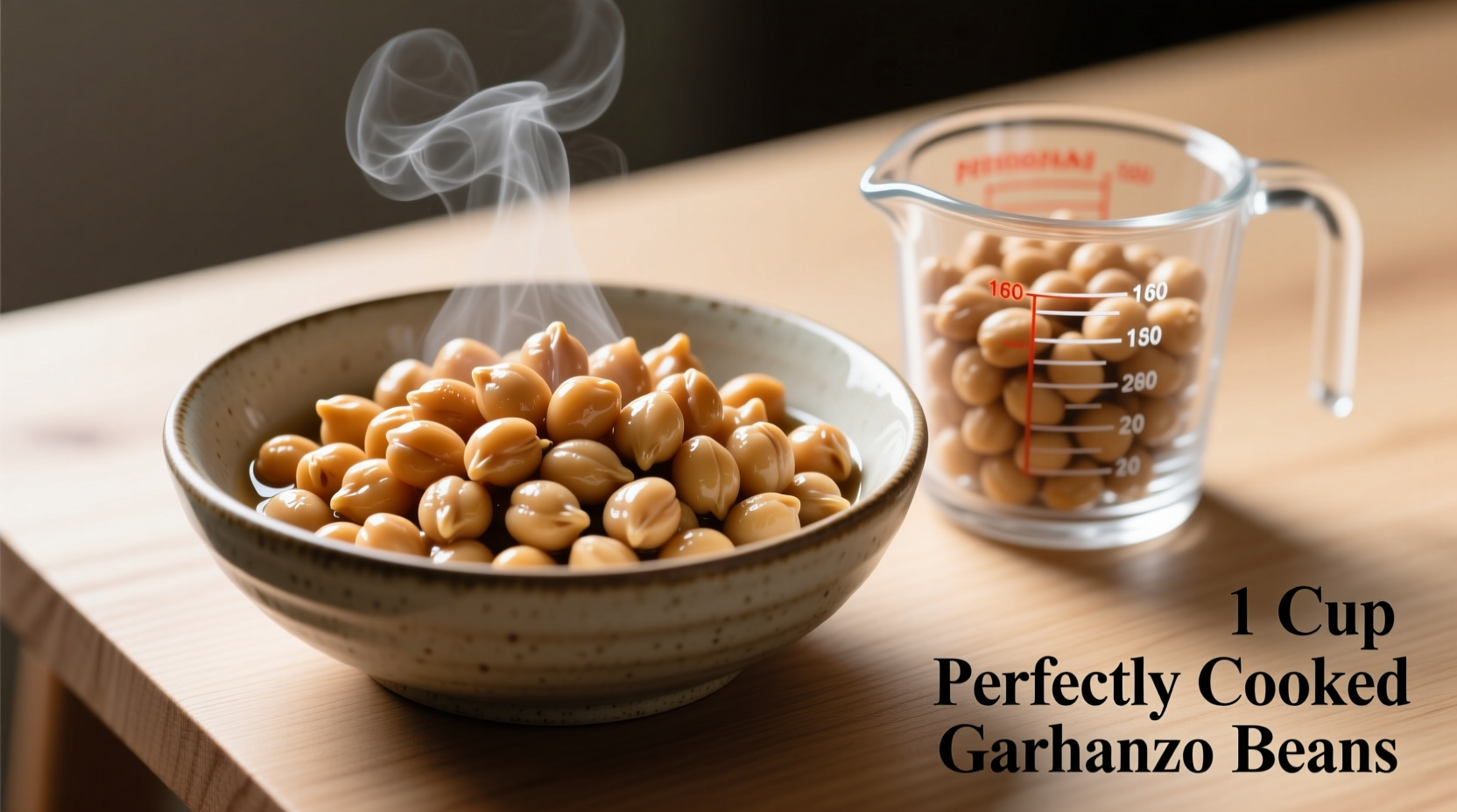 Perfectly cooked garbanzo beans in a bowl with measuring cup