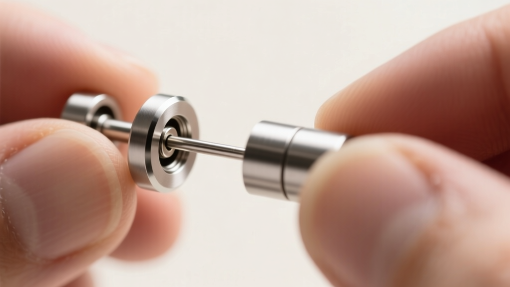 Macro shot of a threadless titanium earring post and push-pin end being assembled, showing the secure internal locking mechanism.